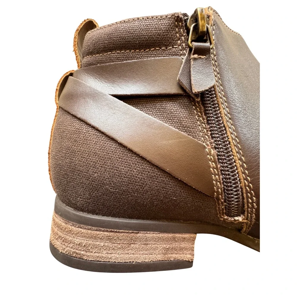 Spenco Womens Brown Leather Canvas Mixed Media Ankle Booties Side Zip Buckle 8